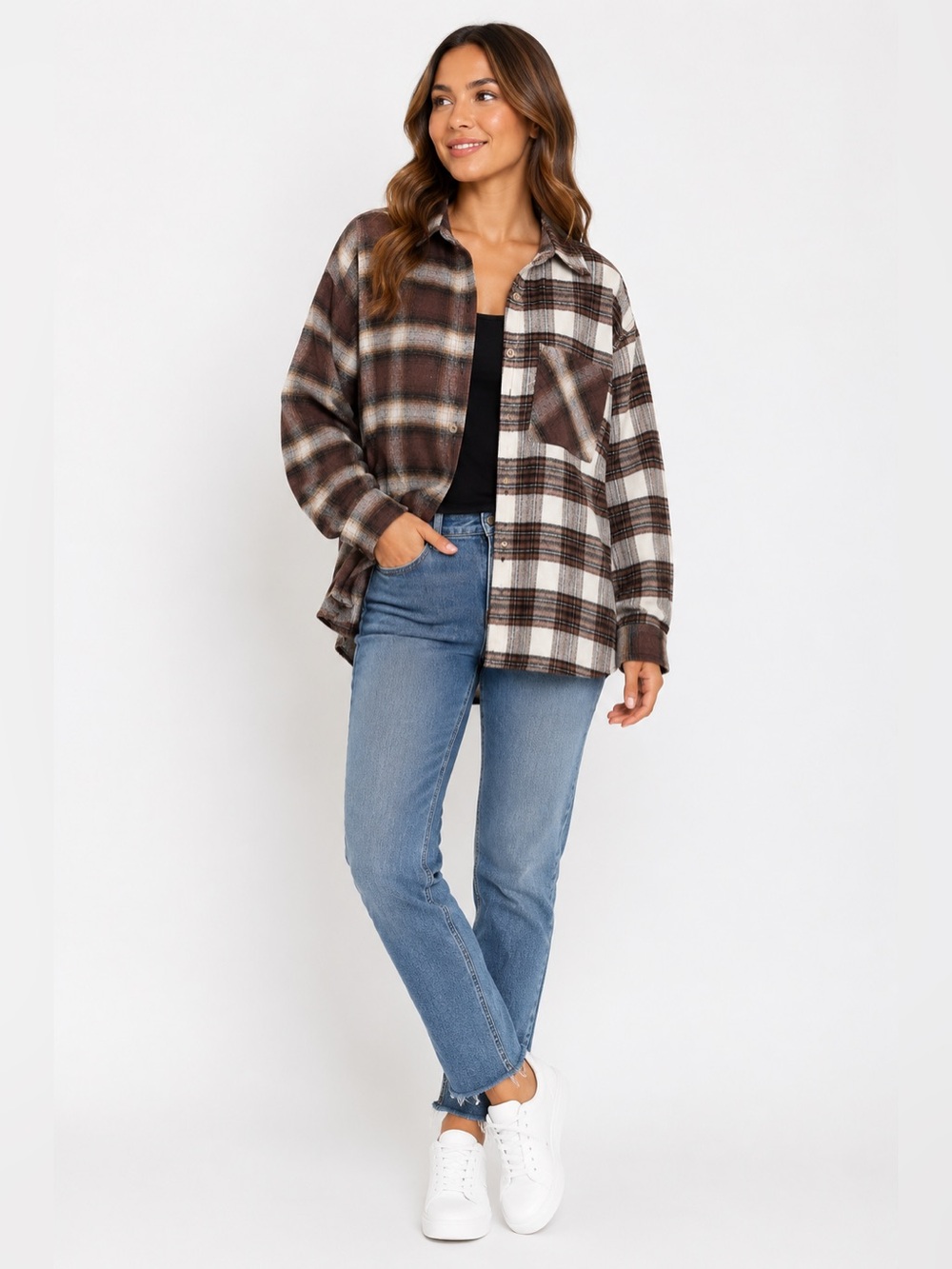 JUST POLLY Plaid Button-Down Shirt Jacket in Brown